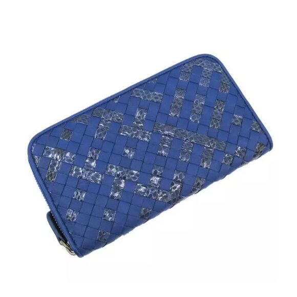 Pre-owned Bottega Veneta Round Zipper Striped Python Pattern Leather Long Wallet